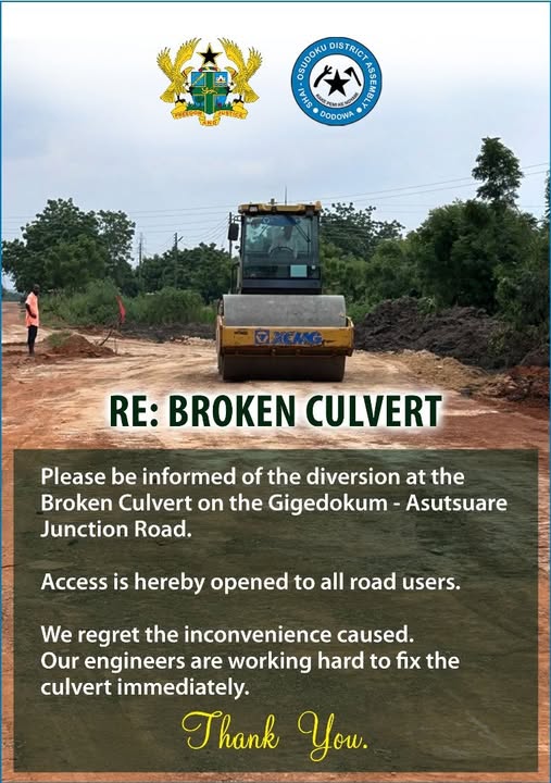 Public is hereby informed the Gigedokum-Asutsuare junction road is opened to all road users..